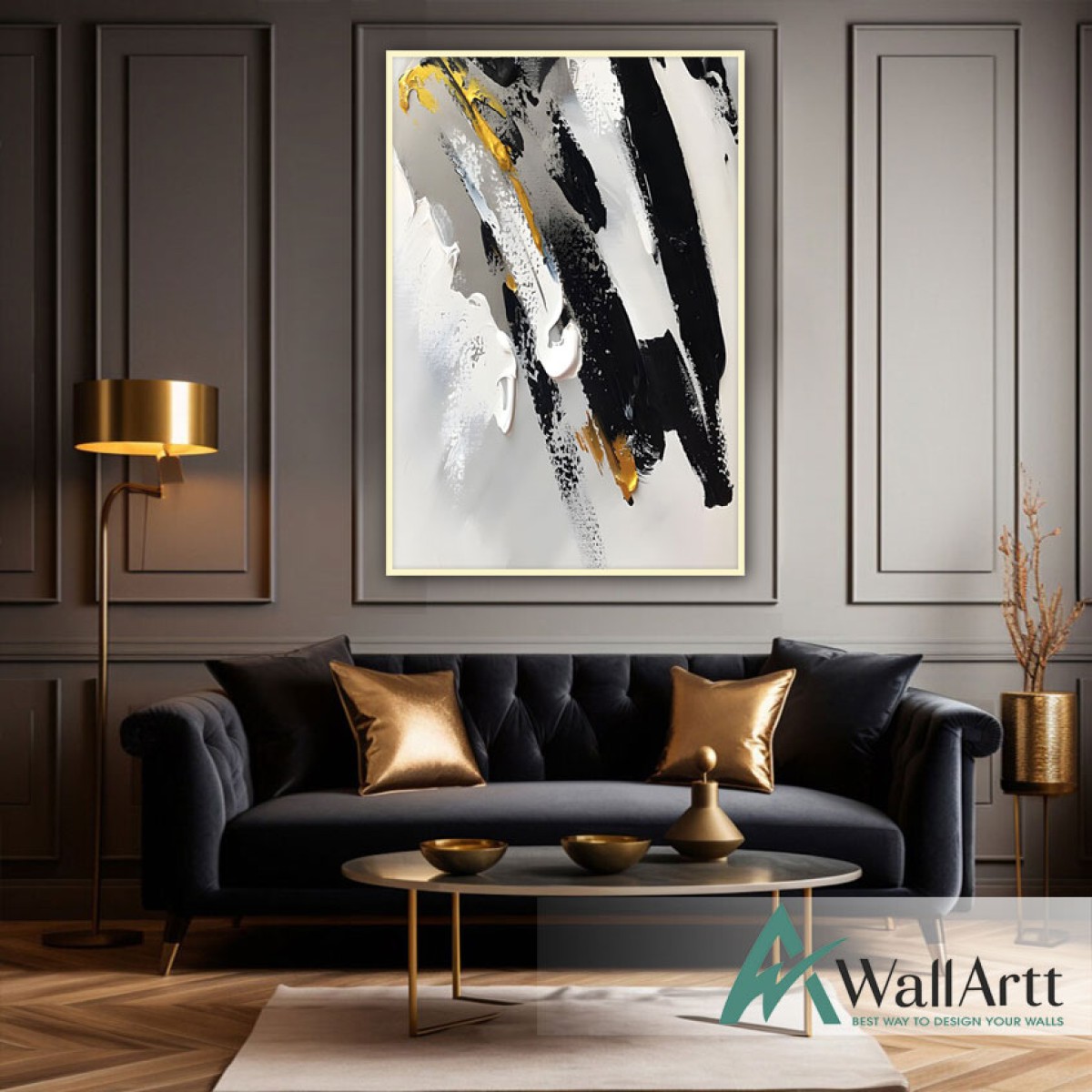 Black White with Gold 3d Heavy Textured Partial Oil Painting -Wall Art